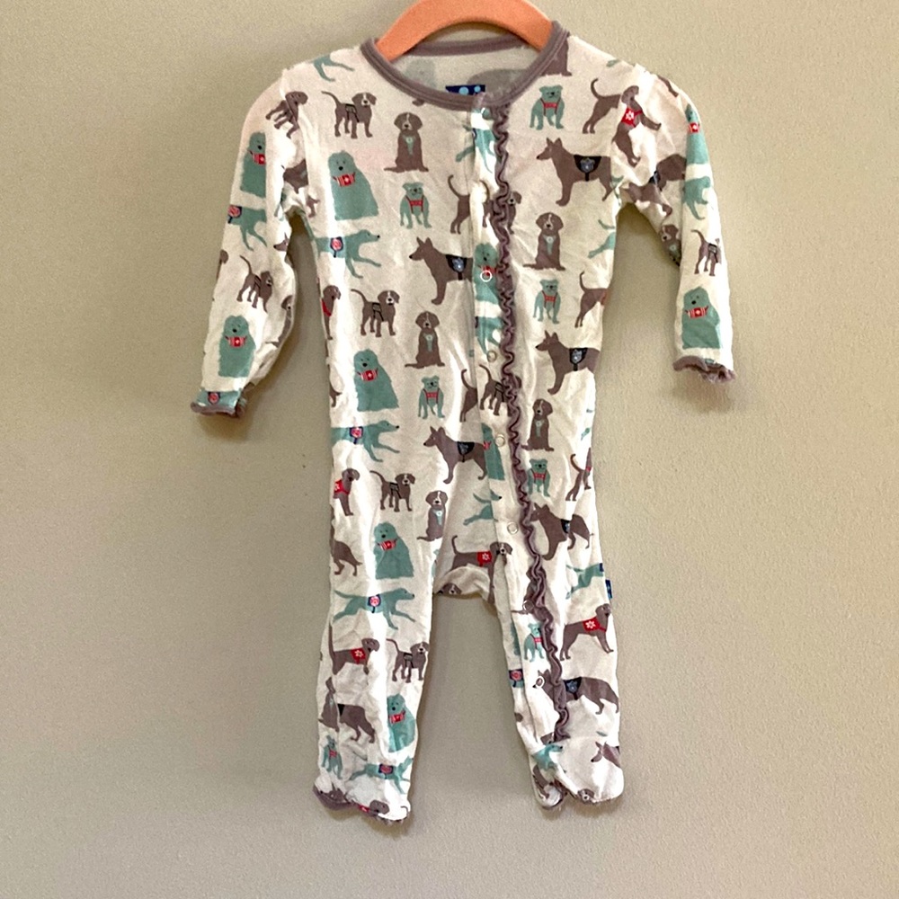 Kickee Pants coverall in natural puppy heroes. Size 3-6 months